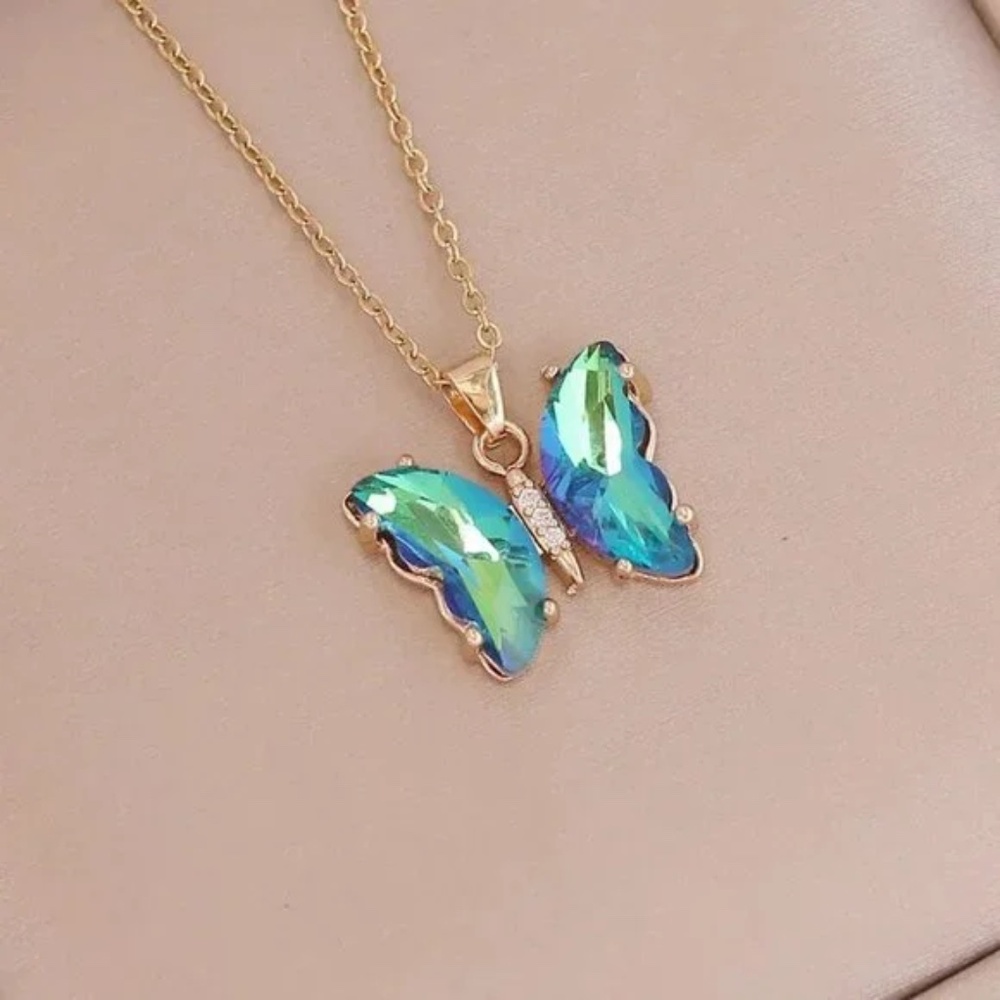 3/$35 Green Butterfly Pendant Necklace Gold Chain Iridescent Crystal Jewelry